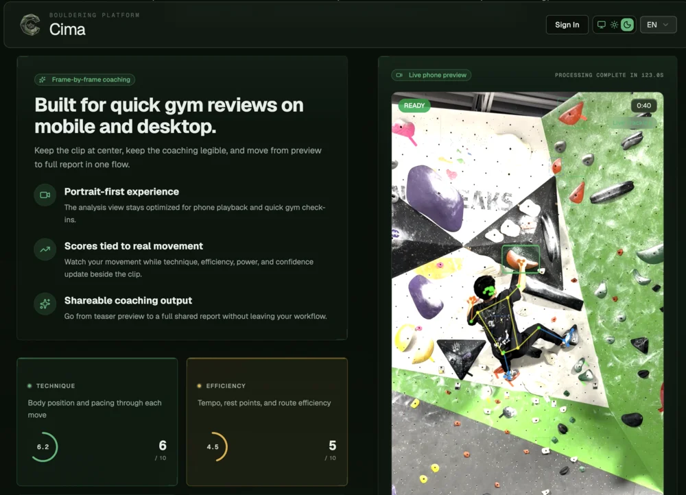 Cima's public coaching preview with pose tracking and climbing technique scores