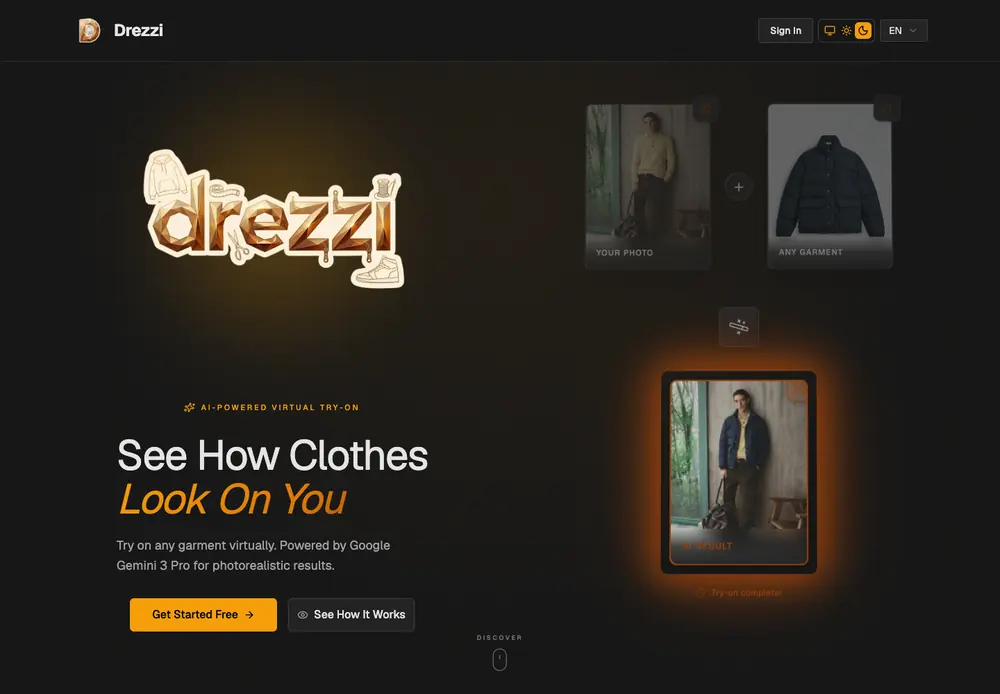 Drezzi's public demo pairing a personal photo and jacket with an AI-generated try-on result